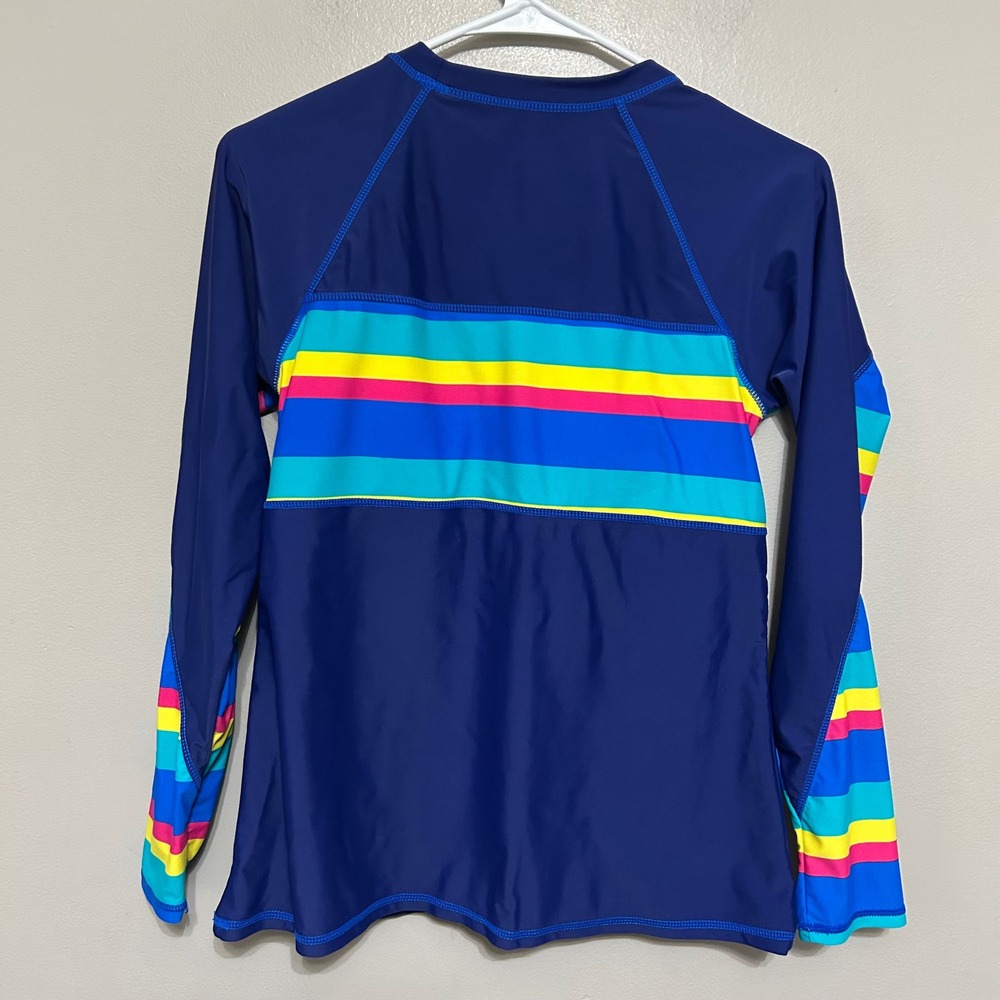 Girl Rash Guard Shirt Navy Blue Rainbow Stripe Long Sleeve Swim Top Built in Bra - Picture 3 of 9